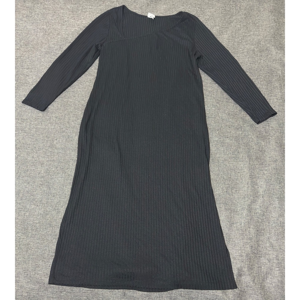 A New Day Women XXL Dress Black Ribbed Long Sleeve Midi Side Slit